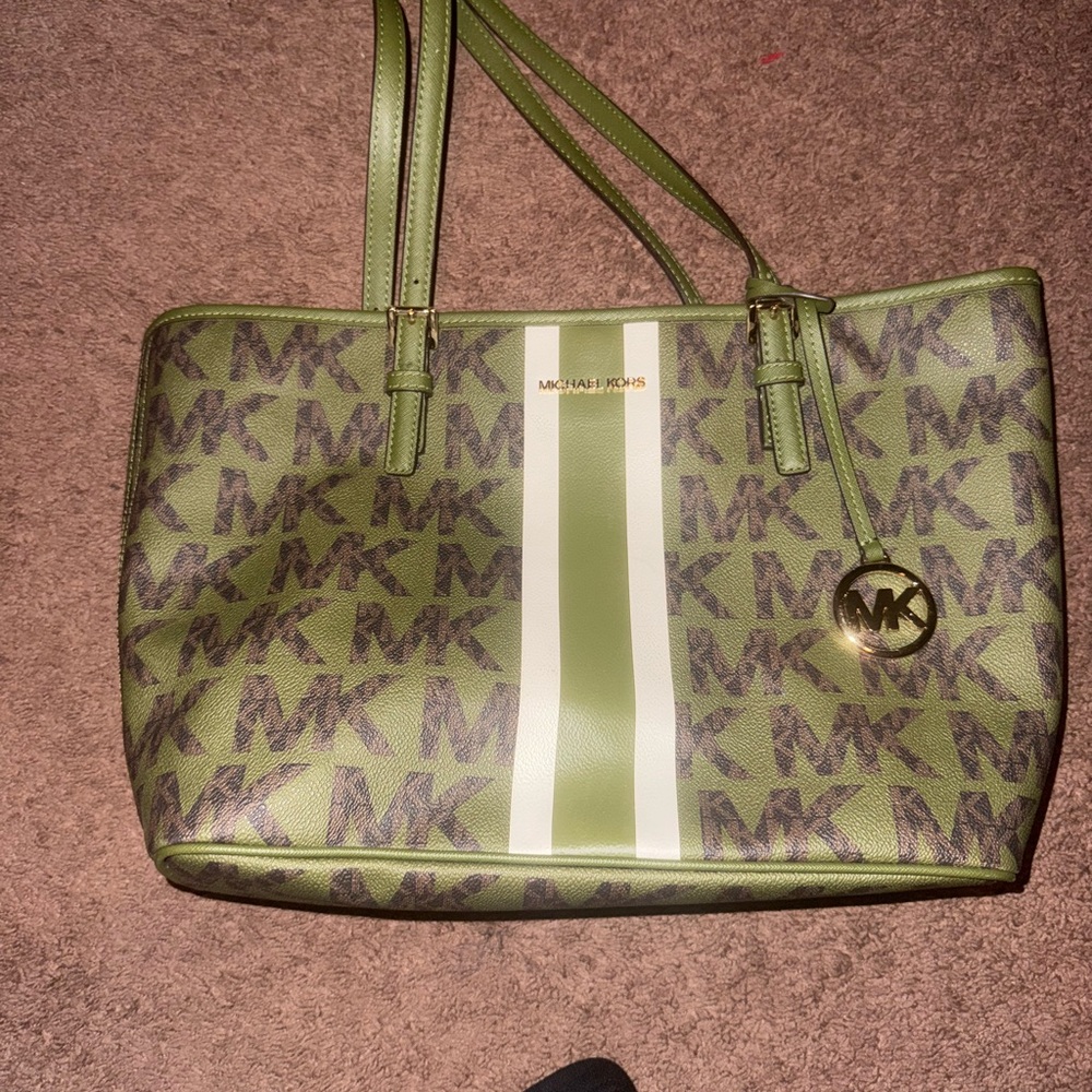 MICHAEL KORS Olive and Cream Signature Stripe Tote